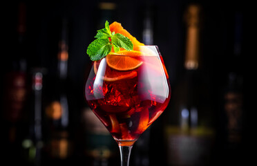 Red sangria cocktail drink with tempranillo wine, peach, plum, orange, lime and ice. Black bar counter background, steel bar tools and bottles