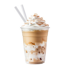 Frappuccino with cream in clear plastic cup. Isolated element on transparent background. Ai generative.