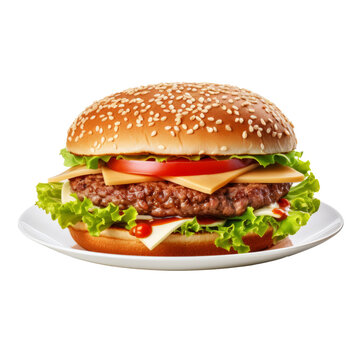 Burger on white plate isolated on transparent background. Element. AI generative.