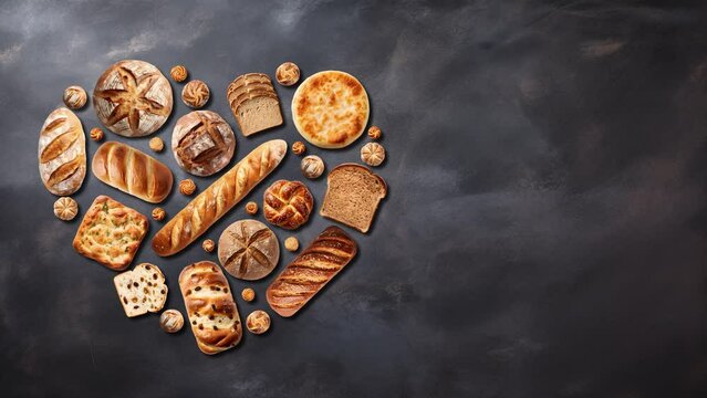 bread in heart shape on a dark concrete background, stop motion, animation
