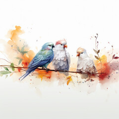 Artistic illustration of three parrots on a branch, with watercolor splash of autumn hues blending into a white background