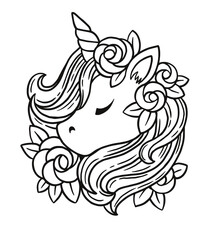 Coloring page of unicorn and rose flowers. Vector print for kids book, print, greeting card, t-shirt