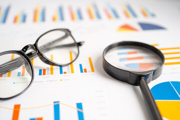 Eyeglass with calculator on chart graph paper. Finance, account, statistic, investment data economy, stock exchange business.