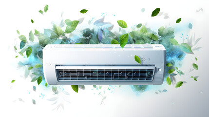 air conditioner blowing cold air with snowflakes and green leaves, strong cold air with snowflakes and green leaves on light white background, highly detailed, high resolution, intricate detail,