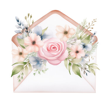 Watercolor floral envelope. Generative AI, png image.