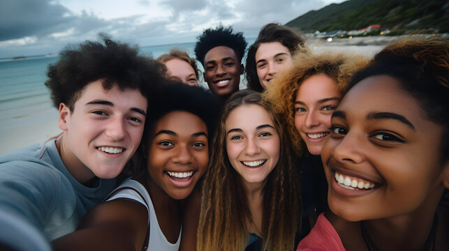 Selfie of young smiling multinational, Multi Ethnic teenagers having fun together. Best friends taking selfie outdoors on the beach. Happy young people having fun and travel together.