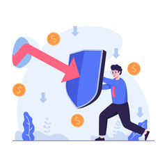 businessman holding a shield defending himself from financial crisis
