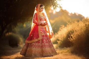 cultural indian bridal lehenga dress photography for wedding celebration - obrazy, fototapety, plakaty