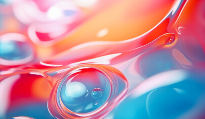 An abstract background of a colorful liquid-like substance with bubbles and droplets. Red, orange, blue hues and a glossy and shiny appearance. Surreal and dream-like quality.