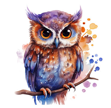 Watercolor cute night owl. Generative AI, png image.
