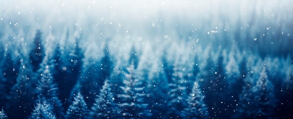 abstract  blue winter snowfall  forest background with blured snowy trees , winter and christmas concept, copy space for text, banner card wallpaper