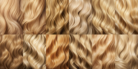 Set Blonde hair close-up. Women blonde hair, Beautifully styled wavy shiny curls. Hair coloring....