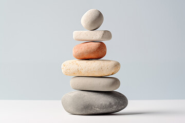 Stones in different colors and sizes are stacked on top of each other in a way that they are balanced and create a tower-like structure. Plain grey background. Minimalistic feel to it.