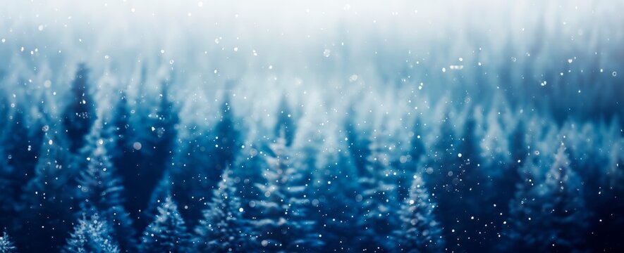 abstract blue winter snowfall forest background with blured snowy trees , winter and christmas concept, copy space for text, banner card wallpaper © XC Stock