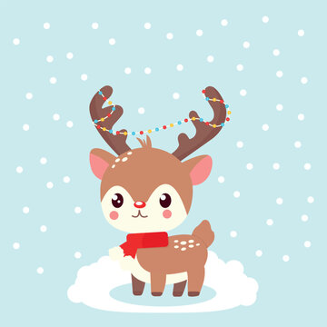 cute Christmas, New Year's deer with a garland on the antlers. printing on gift bags, cups, clothes