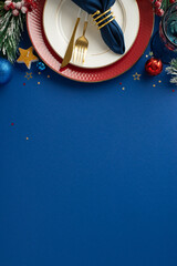 Vertical top view of lavish New Year's dinner table arrangement in restaurant, showcasing elegant...