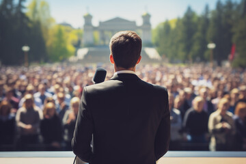 Photo of a male giving speech and a crowd in background