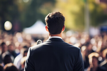 Photo of a male giving speech and a crowd in background
