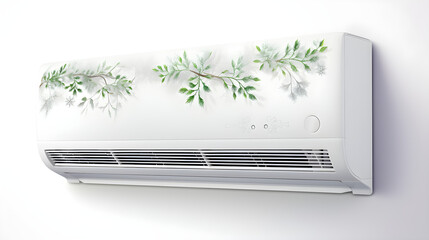air conditioner blowing cold air with snowflakes and green leaves, strong cold air with snowflakes and green leaves on light white background, highly detailed, high resolution, intricate detail,
