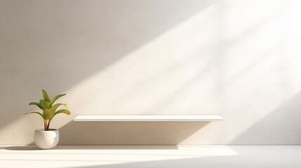 White empty room with table and nice plant, light background with shadows, sunlight Minimalistic concept. Generative AI