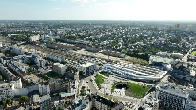 Rennes City Modern Railway Train Station, Sunny Day, Aerial Pullback