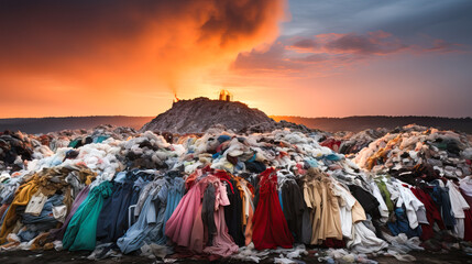 Mountain of used clothes in a landfill. Global problem with clothing recycling - obrazy, fototapety, plakaty