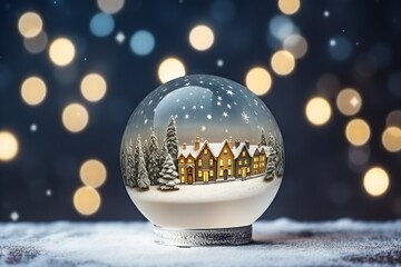 Fototapeta na wymiar Snow Ball With Christmas village and fir tree In It And Lights On Winter Background