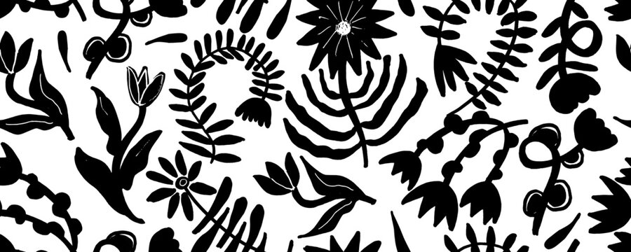 Spring flowers hand drawn vector seamless pattern. Black brush flower silhouettes. Roses, peonies and tulips black silhouettes. Floral drawings with texture. Summer botanical background