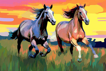 Fototapeta na wymiar wpap stail a pair of horses running in the pasture
