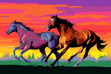 Obraz na płótnie Canvas wpap stail a pair of horses running in the pasture