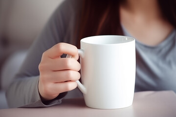 Woman Holding Blank White Mug - Coffee Cup Mockup.Created with Generative AI technology.