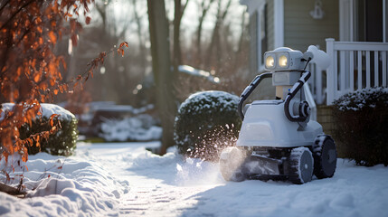 Robot snow plow removes snow after a heavy snowfall near the house, close-up, blizzard, snow in the lens