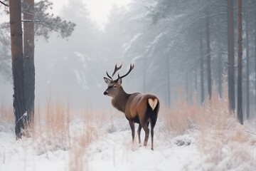 Portrait of deer in the forest in winter