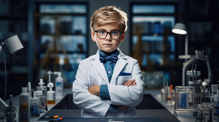 Fototapeta premium Little boy portrays a scientist in a classroom or lab.