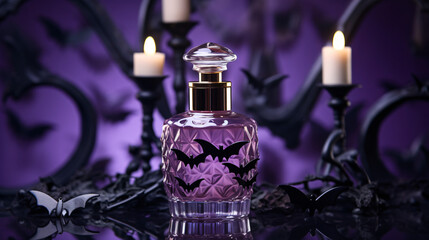 Obraz na płótnie Canvas Bottle of elegant perfume with paper bats for Halloween day