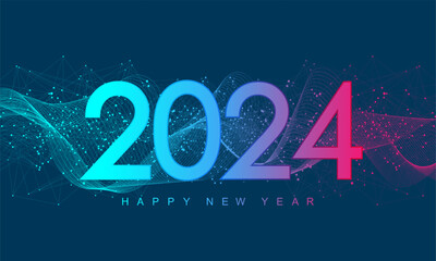 Christmas poster template 2024 in the style of new digits electronic technology. New year, merry christmas 2024 congratulations card in cyber computer design. Tech digital banner or header 2024 year - obrazy, fototapety, plakaty