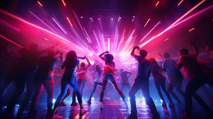 Silhouette image of people in ultraviolet light dance in disco night club to music from DJ on stage...
