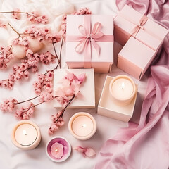 Composition with elegant gift boxes with ribbon, flowers and candles on silk background. Festive concept. Generative AI
