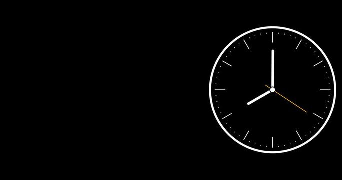 Clock face time lapse on black background with copy space for text. Clock time ticking on a classic Wall Clock. Shadows moving over the Watch. Doomsday clock isolated running. Animation Concept 4K 
