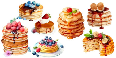 Watercolor illustration sweet pancakes and juicy pastries  with berries clipart by hand on transparent  background.