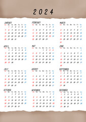 2024年の日本の年間カレンダー　アンティークな古紙