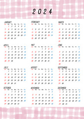 2024年の日本の年間カレンダー　水彩チェック柄