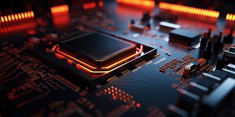 Fototapeta na wymiar Heart of the Machine: Microprocessor in Warm Glow. Red motherboard. Generative AI