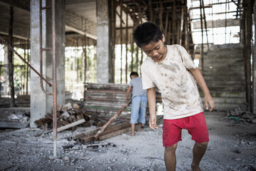Poor children forced to do construction work, child labor, abuse To the rights of children, victims...