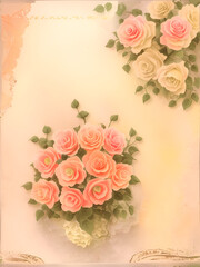 This image shows a bouquet of pink and white roses in a vase on a white background. The roses are arranged in a loose