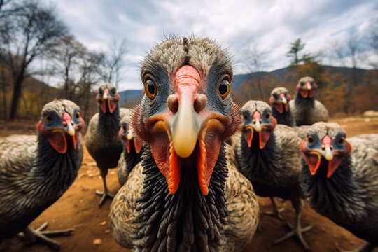 Highly defined photography selfie of a group of thanksgiving turkeys, angry, sharp details