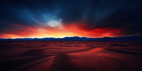 Dramatic sky over desert. Dark clouds over sand dunes. Generative AI
