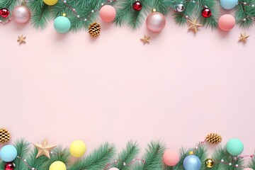 Fototapeta na wymiar a colorful christmas border with christmas brance, pine tree leaf, little lamps decoration, soft pastel background for flat lay, generative ai