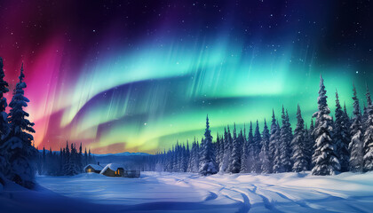 Beautiful aurora borealis over the forest in winter - obrazy, fototapety, plakaty