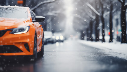 The car is on a winter road with falling snow - Powered by Adobe